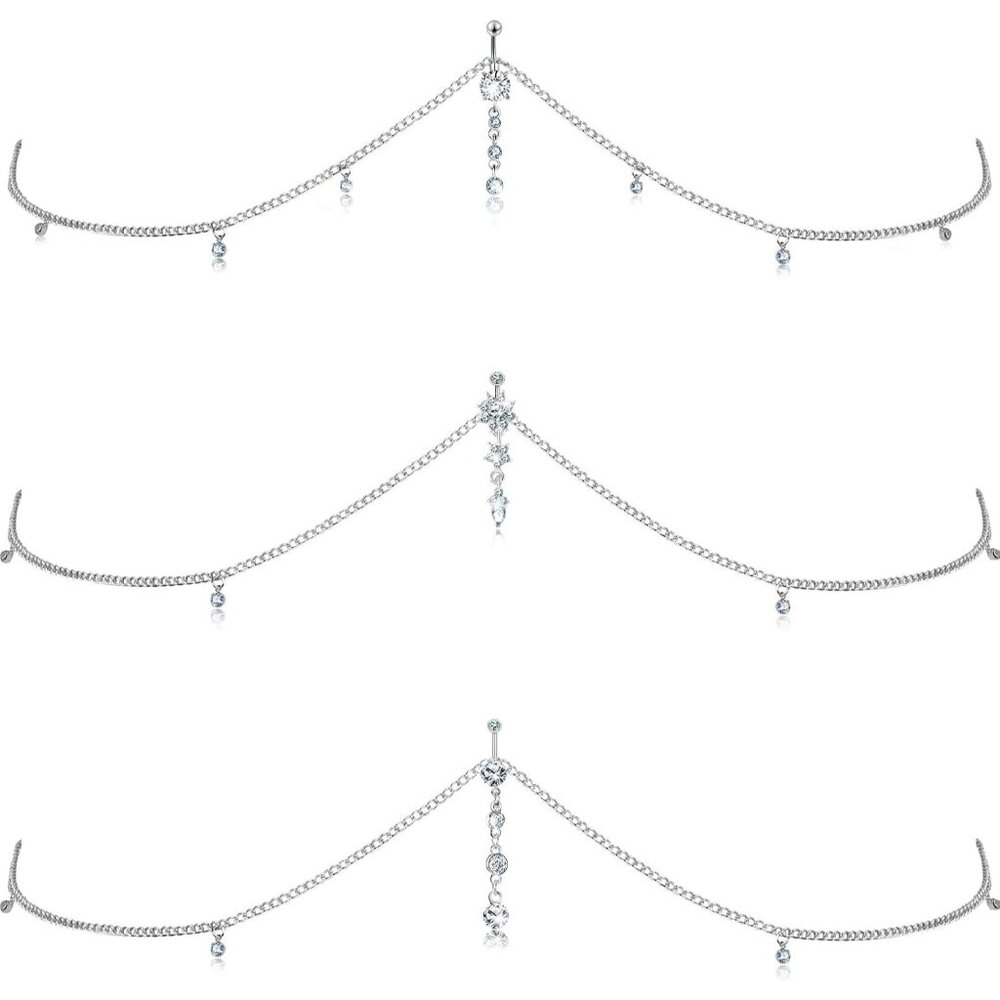 3 Pieces Crystal Belly Ring with Chain Rhinestone Waist Body Chain Bikini Belly